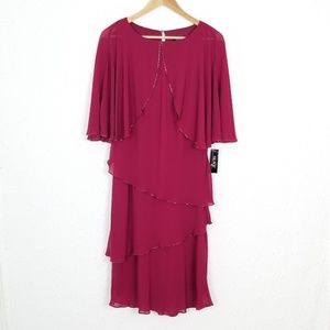 SLNY Capelet Tiered Raspberry Beaded Evening Dress